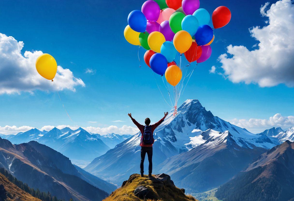 A serene landscape featuring a tall, elegant mountain peak symbolizing the vertical axis, with vibrant graphs and statistics flowing seamlessly up its sides. In the foreground, a joyful person with arms raised in celebration, surrounded by colorful balloons representing happiness. Blue skies and fluffy clouds add to the uplifting atmosphere, creating a sense of elevation and joy. super-realistic. vibrant colors. digital art.