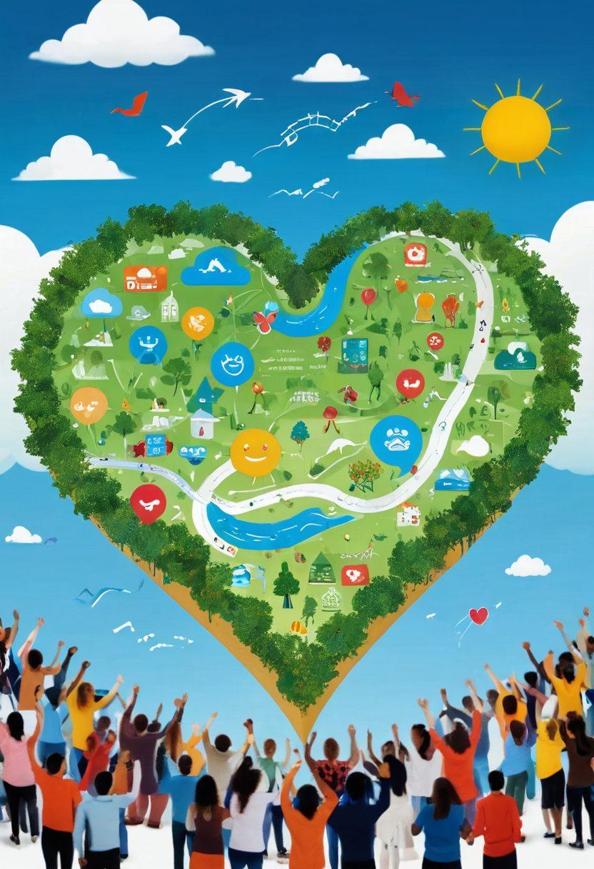 A vibrant landscape illustrating a digital map with coordinates pinpointed, overlaid with cheerful icons like smiley faces and heart emojis. In the foreground, a diverse group of people joyfully celebrating, holding analytics charts and graphs showcasing growth and satisfaction. The background features a bright blue sky, fluffy clouds, and lush greenery to symbolize positivity and progress. super-realistic. vibrant colors. white background.