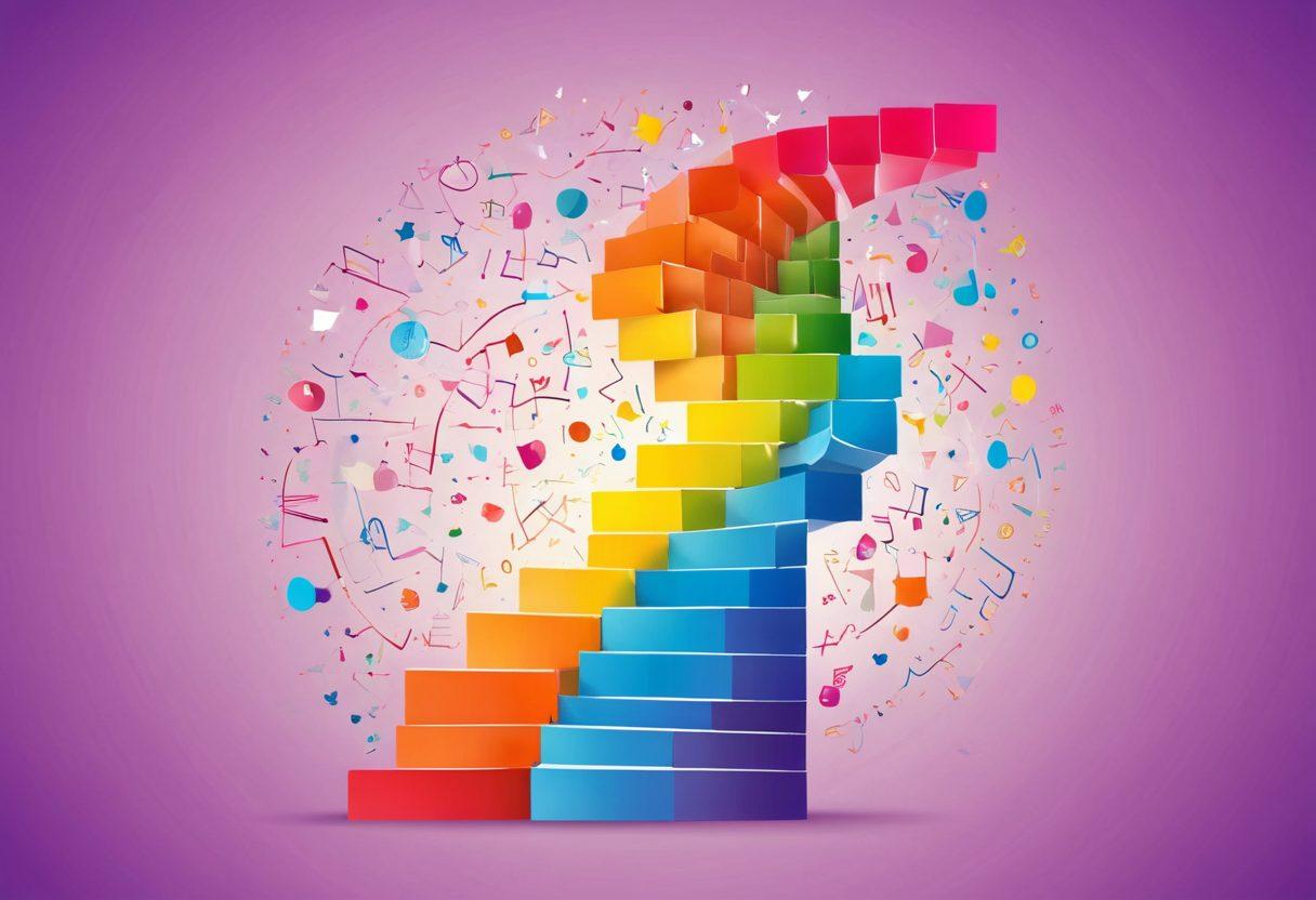 A vibrant illustration of a multi-dimensional graph, where different data points represent various aspects of happiness, such as relationships, achievements, and wellness. The axes are creatively designed to resemble a staircase reaching upwards, symbolizing progress and joy, with icons representing joyful moments scattered across the graph. The background features soft, uplifting colors to evoke a sense of positivity and serenity. vector art. vibrant colors. 3D.